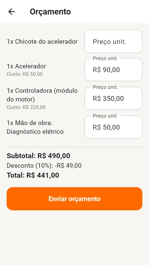Tela de orçamento com peças, mão de obra, desconto e o botão Enviar orçamento.